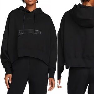 Nike Cropped Hoodie Black Oversized Center Swoosh Fleece Pullover Women’s Small